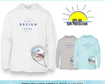 Custom Printed HOODIE Long  Sleeve Shirt with hidden thumbhole, UPF50+ Sun Protection, Fishing Shirt, Company Shirt, Family Shirt