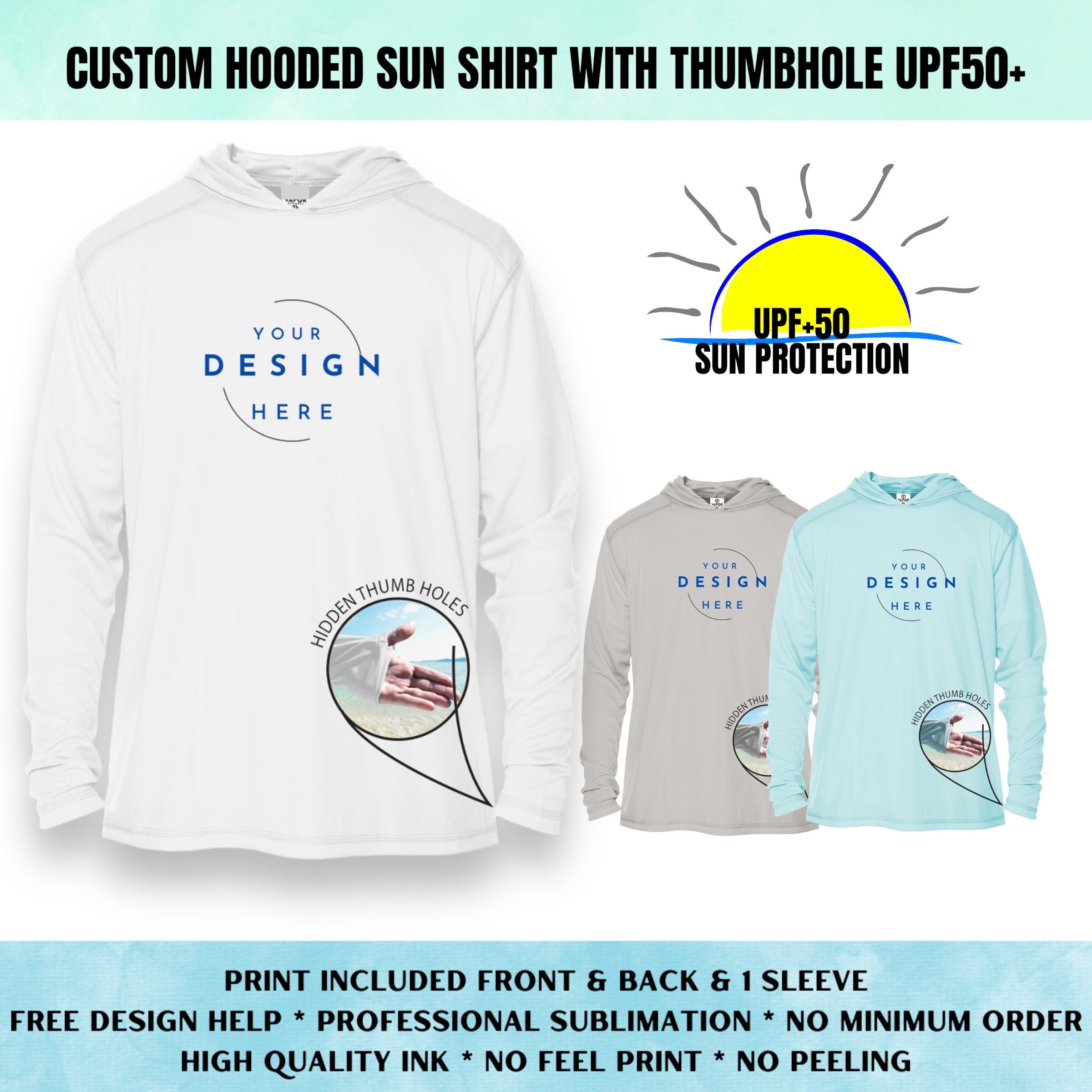 Custom Printed HOODIE Long Sleeve Shirt With Hidden Thumbhole, UPF50 Sun  Protection, Fishing Shirt, Company Shirt, Family Shirt 