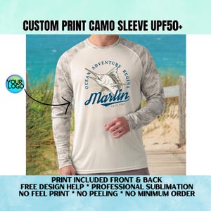 Custom Printed Camo Long Sleeve shirt with UPF50+  SUN PROTECTION, Saltwater Freshwater Fishing Shirt, Company Shirt, Performance Shirt