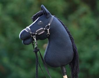 Hobby Horse Black + Stick + Grullo Halter + Reins + Tether 100% Handmade