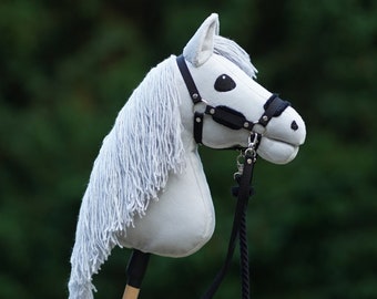 Hobby Horse Gray + Stick + Black Halter + Reins + Tether 100% Handmade