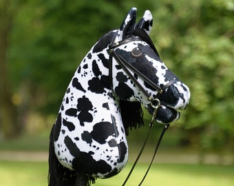 Hobby Horse Leopard Black + Stick + Black Leather Bridle 100% Handmade