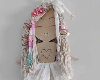 Handmade Smoky-haired Girl Hair Clip Organizer, Hair Accessories Organizer, Plywood, Wooden Doll on the Wall