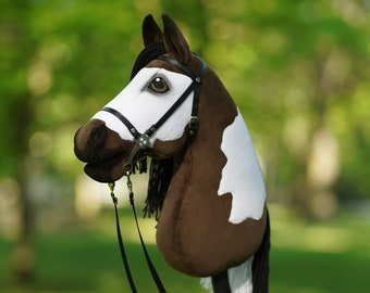 Hobby Horse Brown White + Stick + Hackamore Bridle 100% Handmade