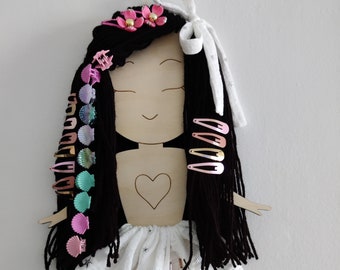 Handmade Black-haired Girl Hair Clip Organizer, Hair Accessories Organizer, Plywood, Wooden Doll on the Wall