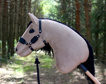 Hobby Horse Dun + Stick + Black Halter + Reins + Tether 100% Handmade