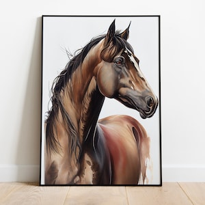 May include: A painting of a brown horse with a black mane and tail. The horse is looking to the right and has a white stripe on its face. The painting is done in a realistic style and has a white background.