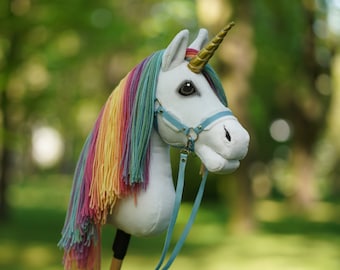 Hobby Horse Unicorn + Stick + Blue Halter 100% Handmade