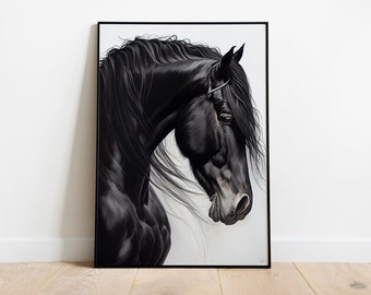 Watercolor Friesian Horse Portrait, Printable Animals, Modern Digital Poster, Download Wall Art, Digital Artwork, Animal Art, Home Decor
