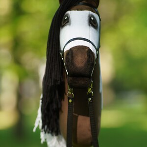 Puede incluir: Una cabeza de caballo marr&oacute;n y blanca con crin y cola negras, que lleva una brida de cuero negra con un bozal blanco. La cabeza del caballo est&aacute; unida a un palo de madera con riendas negras.