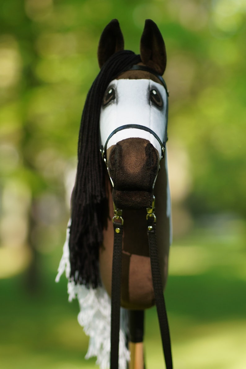Puede incluir: Una cabeza de caballo marr&oacute;n y blanca con crin y cola negras, que lleva una brida de cuero negra con un bozal blanco. La cabeza del caballo est&aacute; unida a un palo de madera con riendas negras.