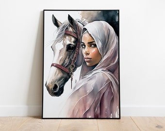 Watercolor Arabian Girl with a Horse, Printable Animals, Modern Digital Poster, Download Wall Art, Digital Artwork, Animal Art, Home Decor