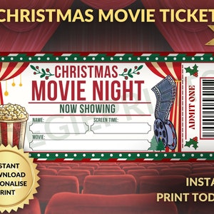 Druckbare personalisierte Überraschung Weihnachten Movie Night Ticket Kino Gutschein Urlaubssaison