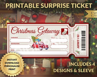 May include: Printable Christmas Getaway ticket with a red car carrying a Christmas tree. The ticket has spaces for passenger, destination, from, date, and notes. It says "Admit One" and includes 4 designs and a sleeve.