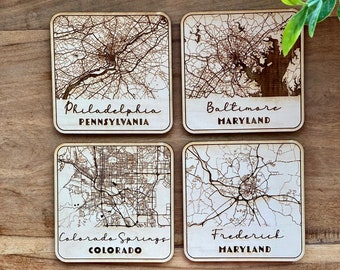 Custom City Map Wooden Coaster Set | Laser Engraved Coaster | Personalized Coaster Set | Wedding Gift | Baltimore Maryland | Wood and Cork