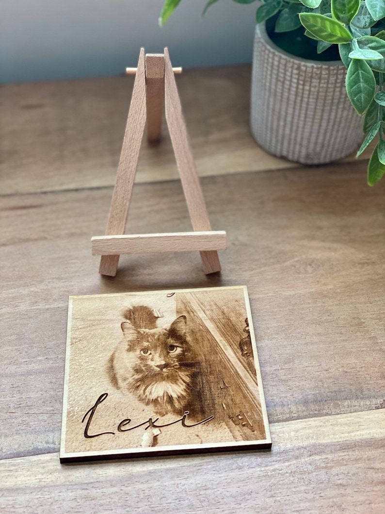 4x4 Laser Engraved Wood Photo Gift Custom Pet Portrait with Mini Easel Dog Cat Horse Pet Lover Gift