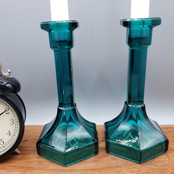 Pair Vintage Teal Blue/Green Glass Candlesticks
