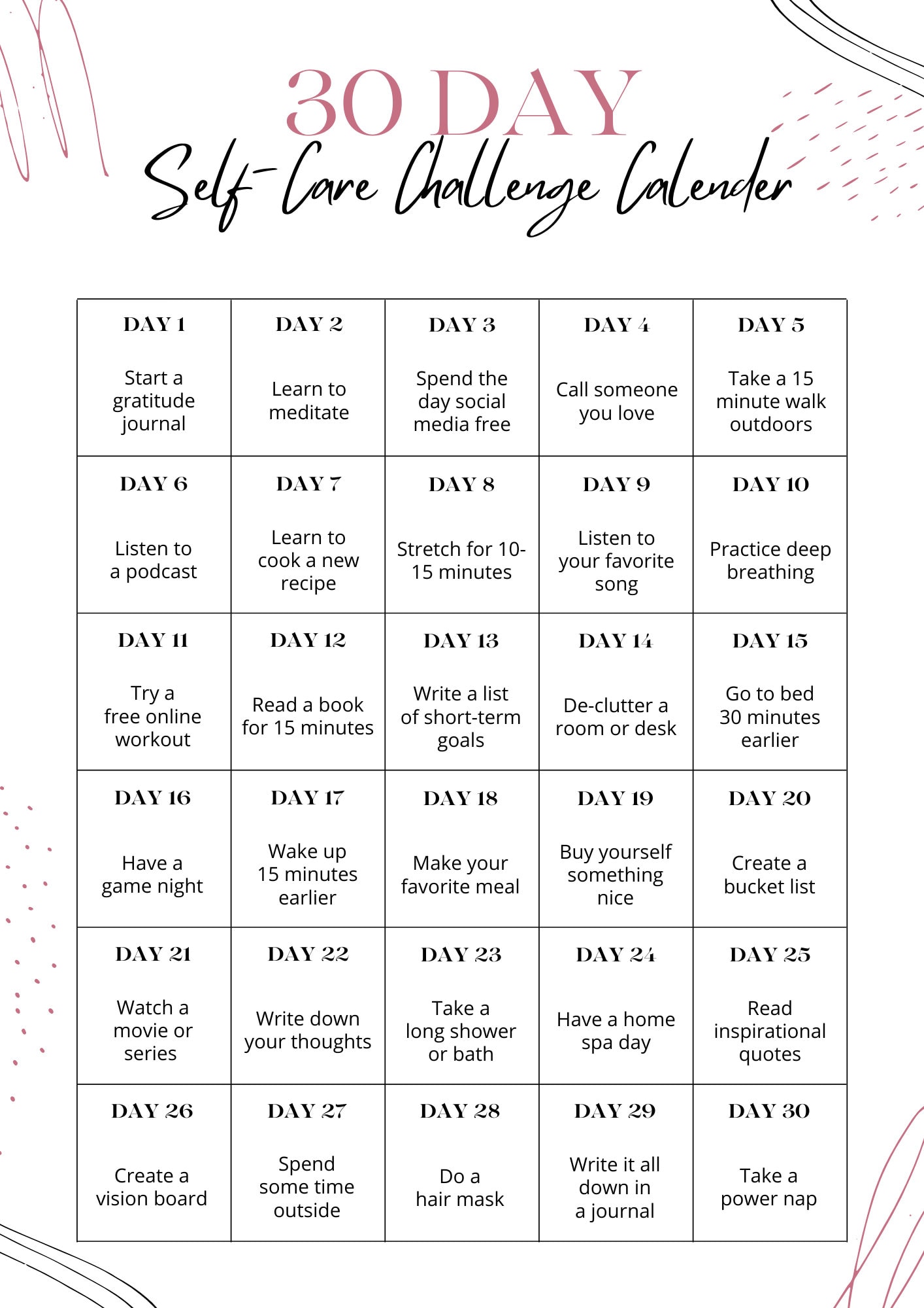 30 Day Self Care Calendar E Journal Self Care Log Monthly Etsy
