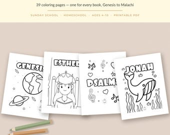 Puede incluir: Un conjunto de 39 páginas para colorear imprimibles tituladas Books of the Old Testament, con dibujos de líneas en blanco y negro para Génesis, Ester, Salmos y Jonás. Las páginas incluyen ilustraciones de un planeta, una reina, notas musicales y una ballena.