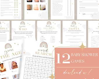 Neutral Baby Shower Game Bundle, Rainbow Clouds Baby Shower Games Bundle, Baby Game Bundle, Digital Game Bundle, Brown Neutral