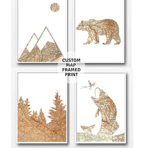 Custom Map Framed Print - Any City/State Personalized Gift for Outdoor Adventure Fishing Mountains Forest Lovers Unique Art Picture Decor