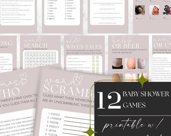 Paquete de juegos para baby shower neutrales, paquete de juegos minimalistas para baby shower, paquete de juegos para bebés, paquete de juegos imprimibles, trivia para baby shower