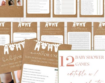 Neutral Baby Shower Game Bundle, Boho Country Clothesline Baby Shower Games Bundle, Baby Game Bundle, Printable Game Bundle, Brown Neutral