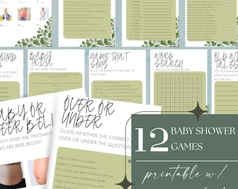 Paquete de juegos para baby shower neutrales, paquete de juegos para baby shower con hojas de salvia, paquete de juegos para bebés, paquete de juegos imprimibles, trivia para baby shower