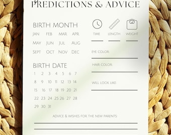 Baby Shower Predictions Game Printable | Fun Baby Shower Games Digital Download | Predict Weight Height Date| Minimalist Baby Shower
