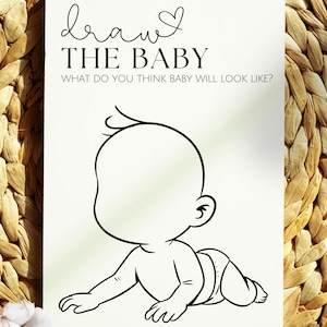 May include: A white card with the text "Draw the Baby" and "What do you think baby will look like?" in black. A black line drawing of a baby is in the center, with a blank face for drawing.