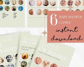 Juegos divertidos para baby shower, paquete divertido para baby shower, paquete moderno para baby shower, 6 juegos incluidos, descarga instantánea, tarjetas imprimibles para baby shower.