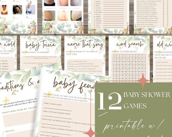 Neutral Baby Shower Game Bundle, Watercolor Sage Leaf Bear Bunny Baby Shower Games Bundle, Baby Game Bundle, Printable Game Bundle