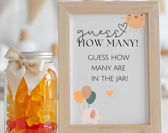 Guess How Many Game Shower Game Party Activity, Display Sign and Cards, Minimalist Sun Elephant Instant Download, Printable Digital