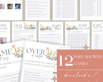 Paquete de juegos para baby shower neutrales, paquete de juegos de la jungla, paquete de juegos para bebés, paquete de juegos imprimibles, trivia para baby shower
