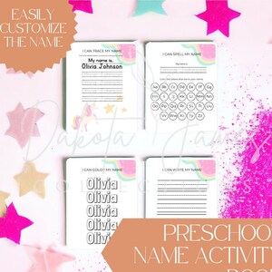 May include: A preschool name activity book with a unicorn theme. The book includes four pages: I can trace my name, I can spell my name, I can color my name, and I can write my name. The book is designed for children to learn to write their name.