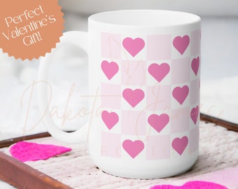 Valentine's Day Ceramic Coffee Mug, Pink Hearts Coffee Mug, Pink Checkered Coffee Mug, Valentine's Day Gifts for Her