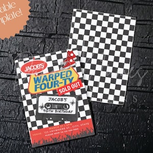 May include: A black and white chequered background with a red, white and blue birthday party invitation. The invitation says "Jacob's Warped Four-Ty Sold Out" and features a cassette tape with the text "Jacob's 40th Birthday".