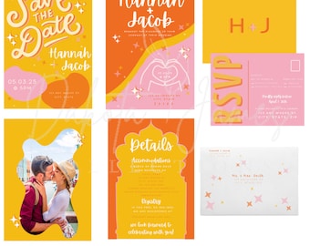 EDITABLE Colorful Pink Orange and Yellow Citrus Retro Wedding Invitation Suite, Save the Date, Wedding Invitation, Details, RSVP & Envelopes