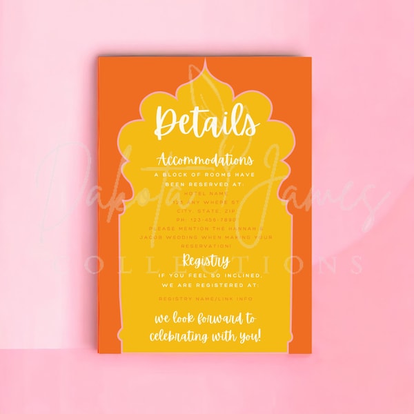 EDITABLE Colorful Pink Orange and Yellow Retro Citrus Wedding Details Template, Wedding Accommodations and Registry Invitation Insert