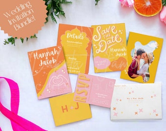 EDITABLE Colorful Pink Orange and Yellow Citrus Retro Wedding Invitation Suite, Save the Date, Wedding Invitation, Details, RSVP & Envelopes