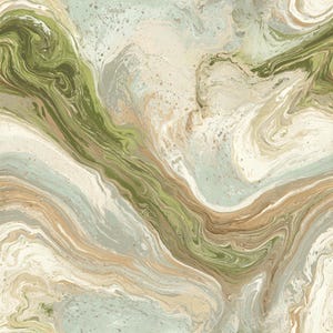 Puede incluir: Un patrón de superficie con un diseño jaspeado con colores arremolinados de verde oliva, verde salvia, crema, beige y marrón claro. La textura muestra líneas fluidas y orgánicas y detalles moteados que crean una apariencia líquida.