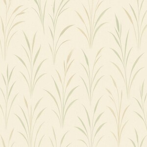 Könnte beinhalten: Ein sich wiederholendes Muster aus stilisierten, grasartigen Pflanzen in Grün und Beige auf cremefarbenem Hintergrund. Das Design zeigt vertikale Anordnungen langer, schlanker Blätter und schafft ein natürliches, botanisches Thema. Die Gesamtästhetik ist weich und elegant.