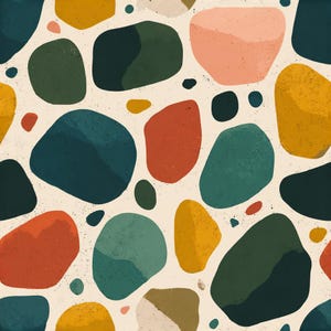 May include: A seamless pattern featuring irregular, rounded shapes in shades of dark teal, mustard yellow, terracotta orange, and soft peach, all set against a light cream background with a subtle, speckled texture throughout the design.
