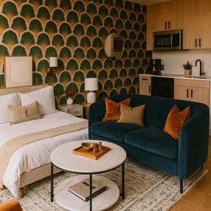 Deco Shells wallpaper with a geometric pattern, featuring green and gold fan shapes on a peach background.