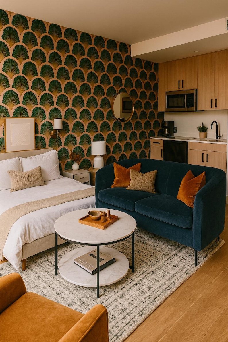 Deco Shells wallpaper with a geometric pattern, featuring green and gold fan shapes on a peach background.