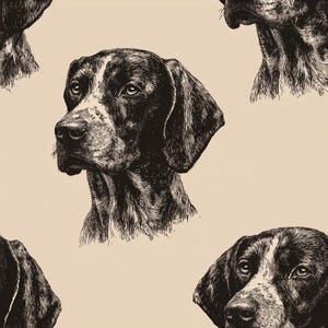 May include: A repeating pattern featuring a detailed black ink illustration of a dog head with floppy ears and a white blaze on the forehead, set against a solid light beige background. The artwork captures the canine in a side profile view.