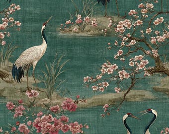 May include: Teal fabric featuring a repeating pattern of white and black cranes, pink cherry blossoms, and a landscape design. The design depicts a serene scene with birds, flowers, and water elements, creating a tranquil aesthetic.
