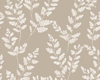 May include: A seamless pattern featuring white fern-like branches against a neutral beige background. The delicate, detailed design creates a natural, botanical aesthetic. This pattern is suitable for various applications, including wallpaper and fabric.