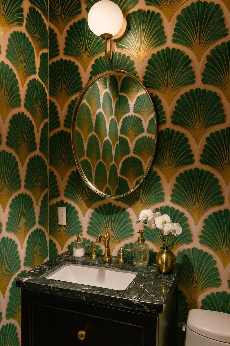 Deco Shells Wallpaper with green and gold fan pattern on light pink background.
