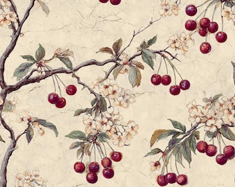 May include: A seamless pattern featuring branches with dark red cherries, green leaves, and clusters of white blossoms. The background is a textured, off-white color, creating a vintage or botanical aesthetic. The design is suitable for fabric or wallpaper.